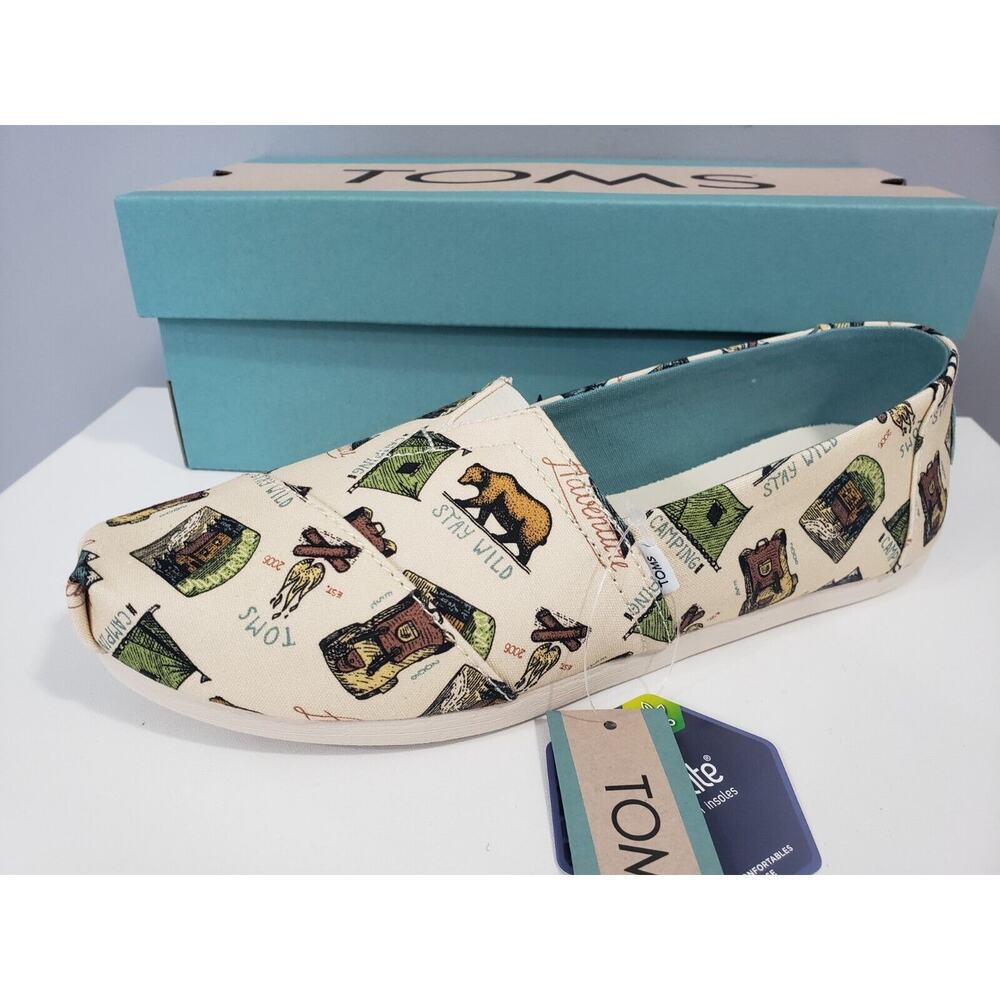 NEW Toms‎ 7.5 Alpargata Slip On Shoes Camping Cabin Bear Print Hunting Hiking